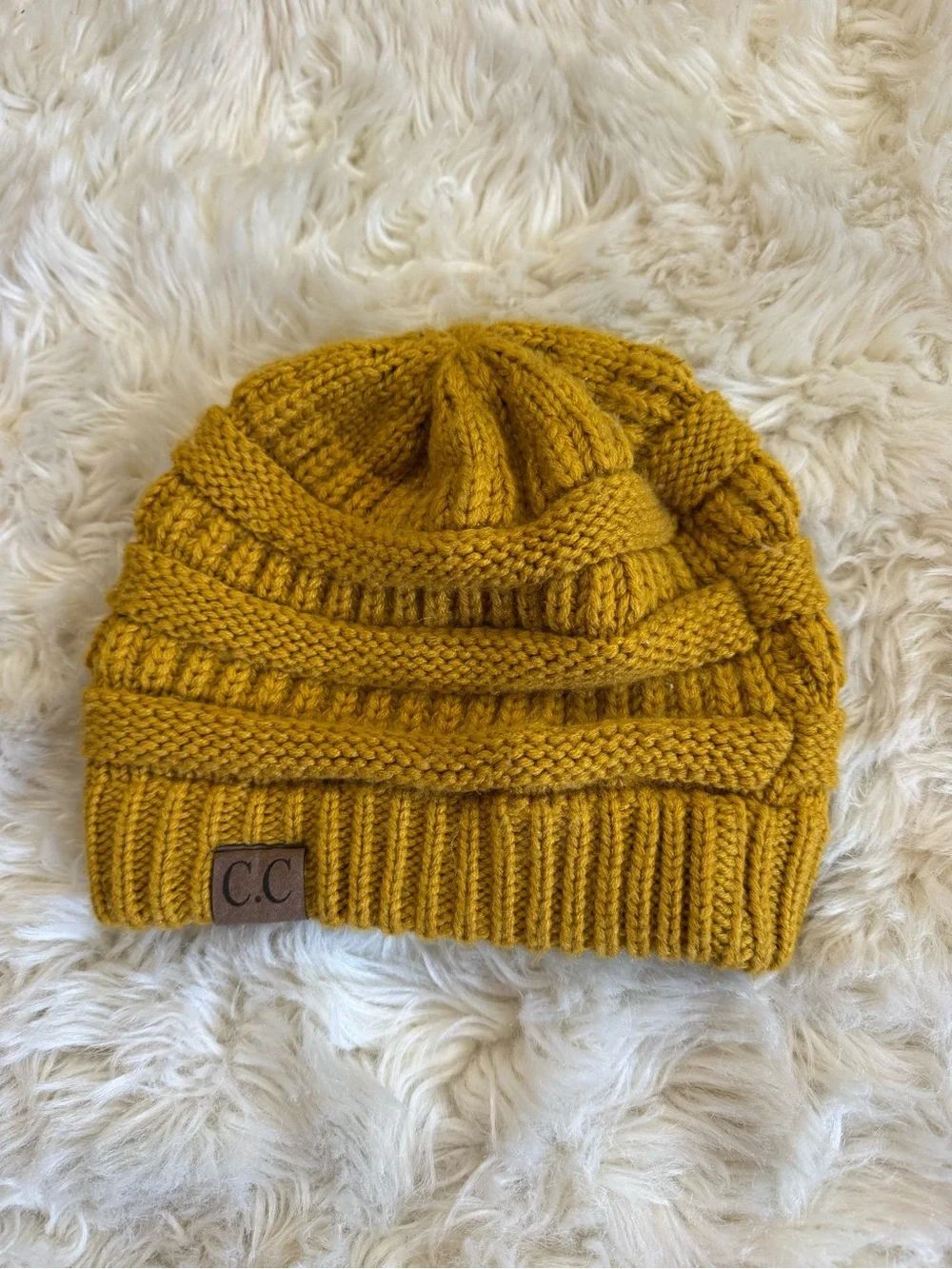C. C Mustard Yellow Knit Beanie Hat